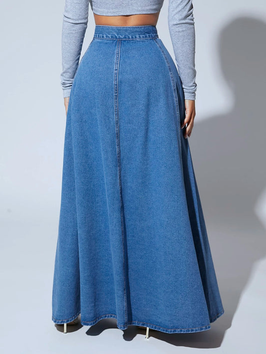 High Waist Button Fly Flare Hem Denim Skirt