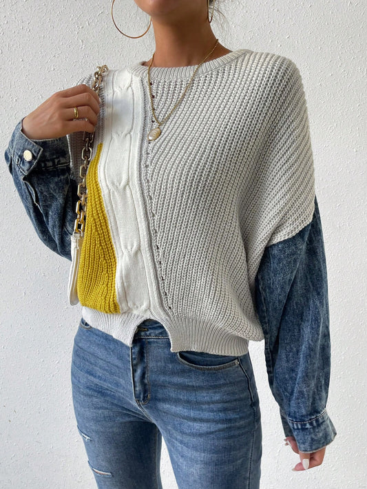 Drop Shoulder Patchwork Sweater