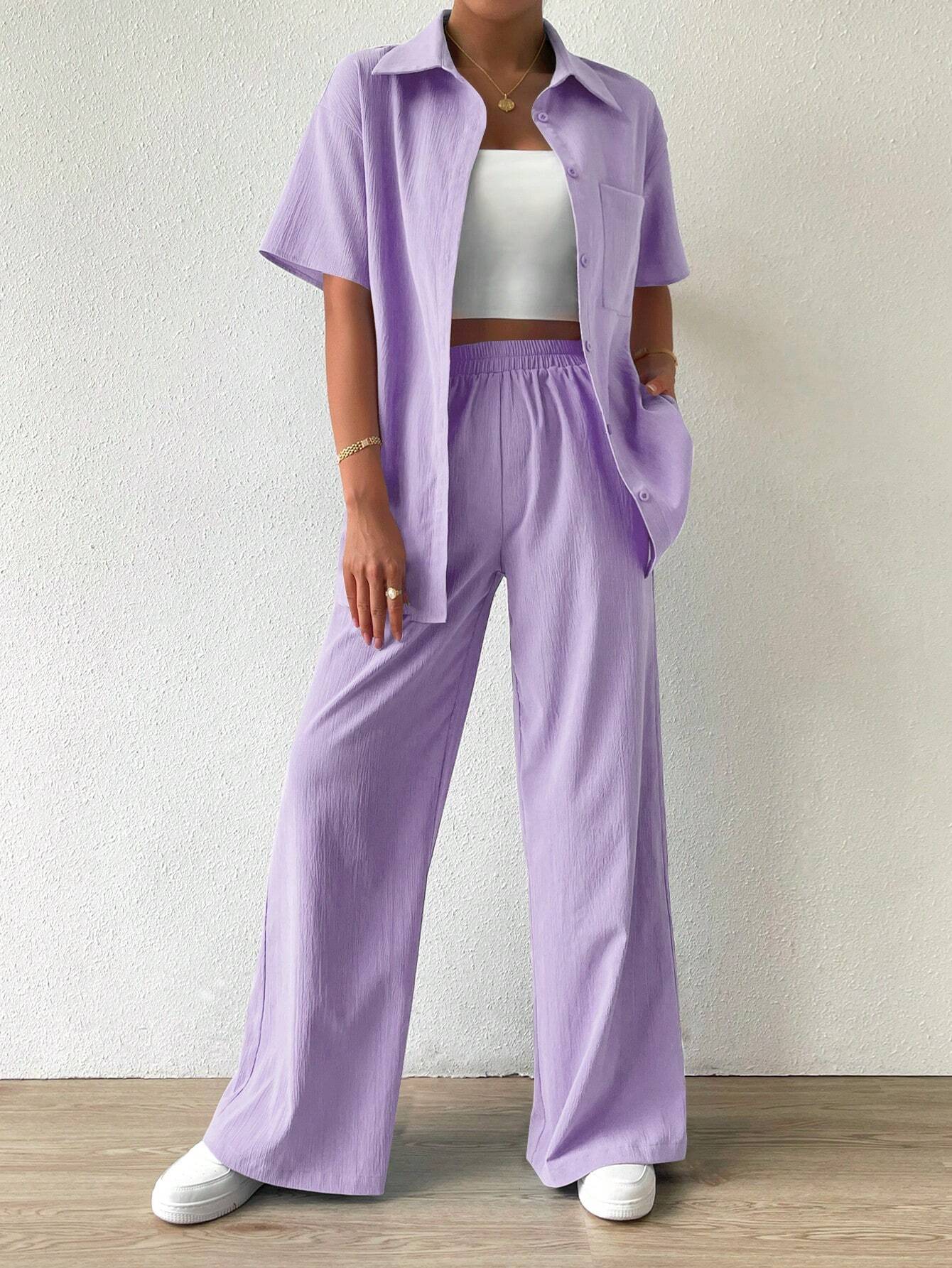 Button Front Shirt And Straight Pants Sets – FAVEN