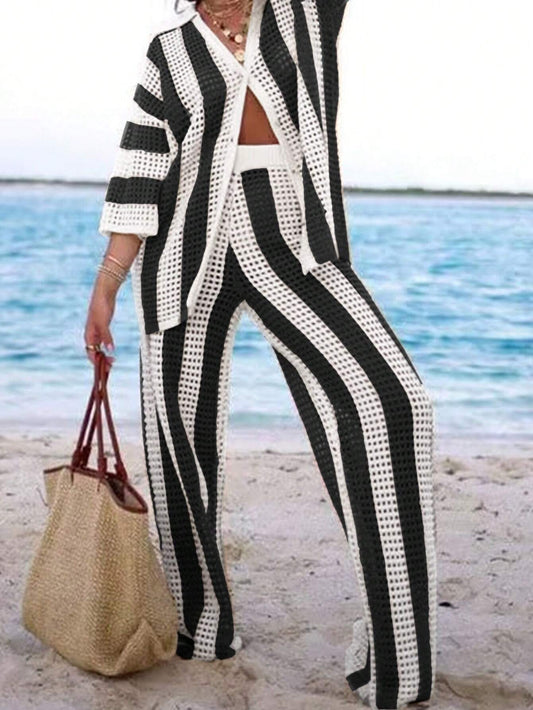 Polo Collar Hollow Out Striped Sweater Set