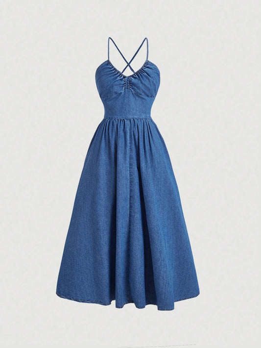 Cinched Waist Denim Slip Dress
