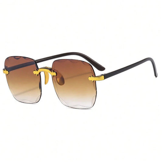 Sunglasses with gradient lenses and yellow accents on a white background