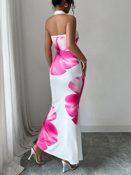 Halter Tie Waist Fitted Midi Floral Dress