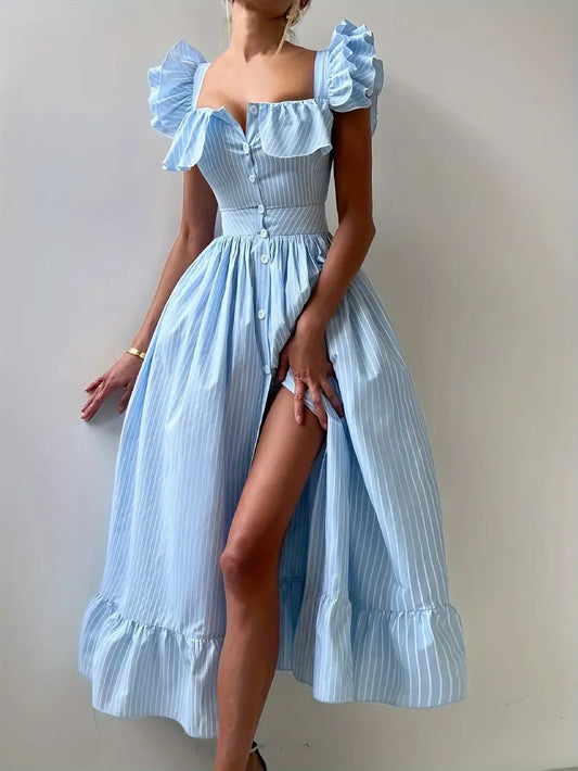 Striped Ruffle Edge Square Neck Dress