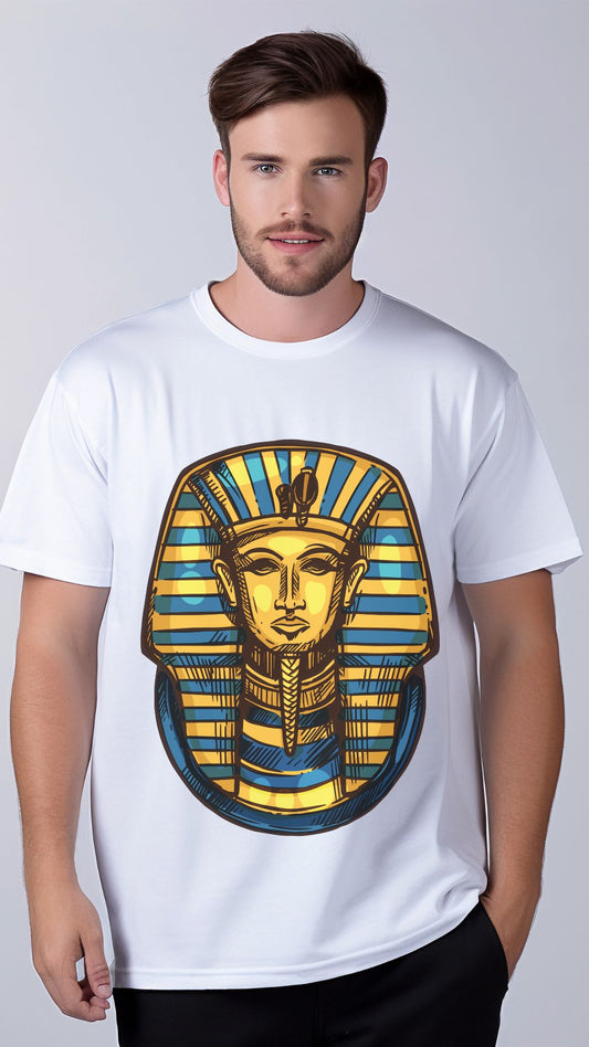 Man wearing a white t-shirt with an Egyptian pharaoh design on a plain background