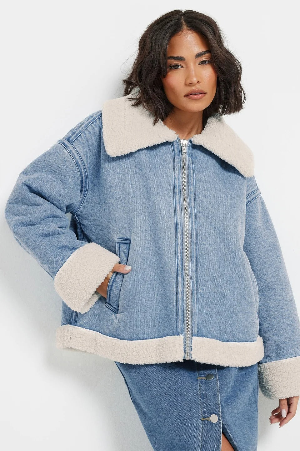 Petite Borg Zip Denim Jacket