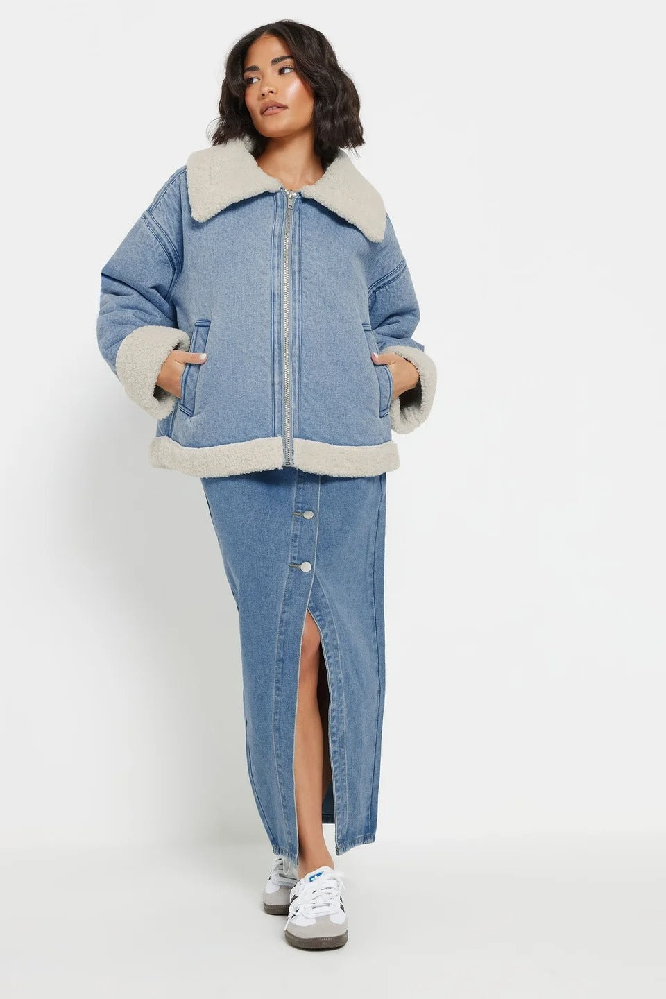 Petite Borg Zip Denim Jacket