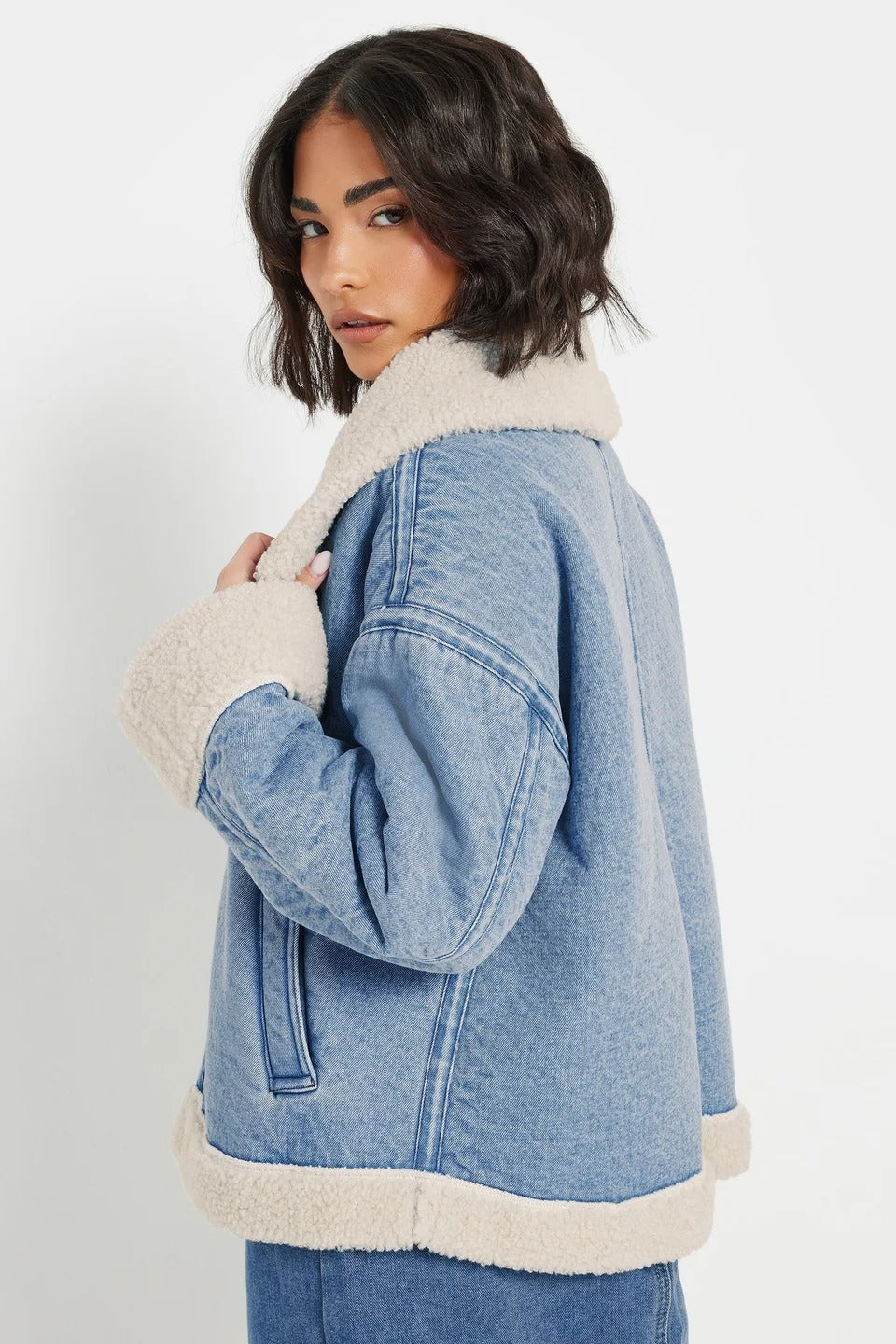 Petite Borg Zip Denim Jacket