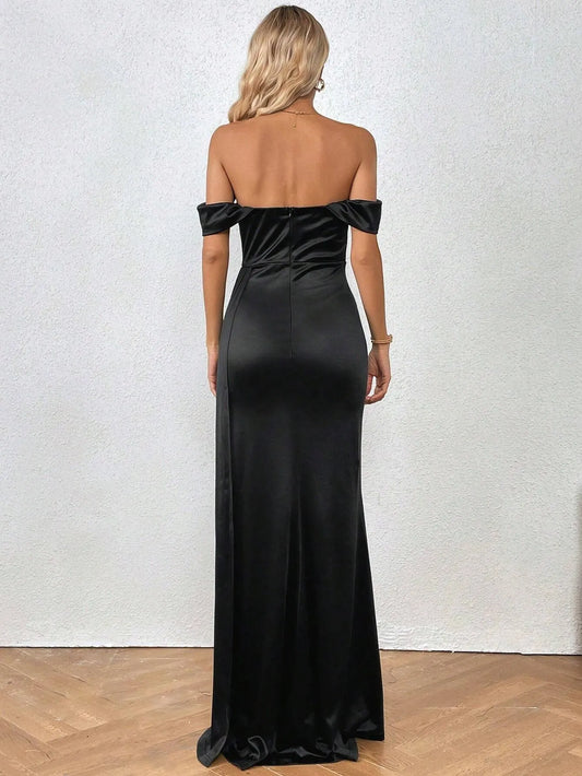 Off Shoulder Slit Thigh Satin Dress