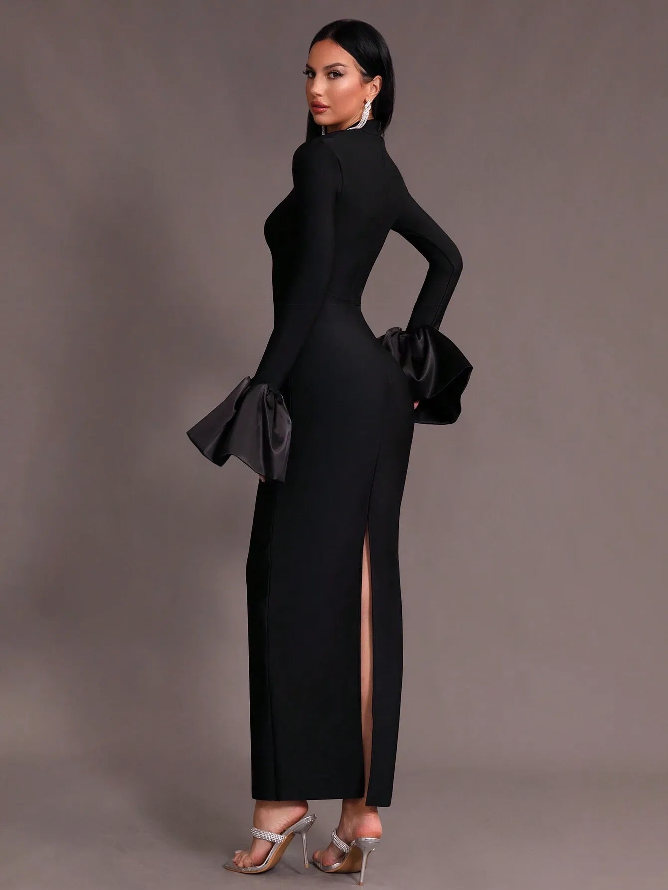 Mock Neck Bodycon Flare Sleeve Dress