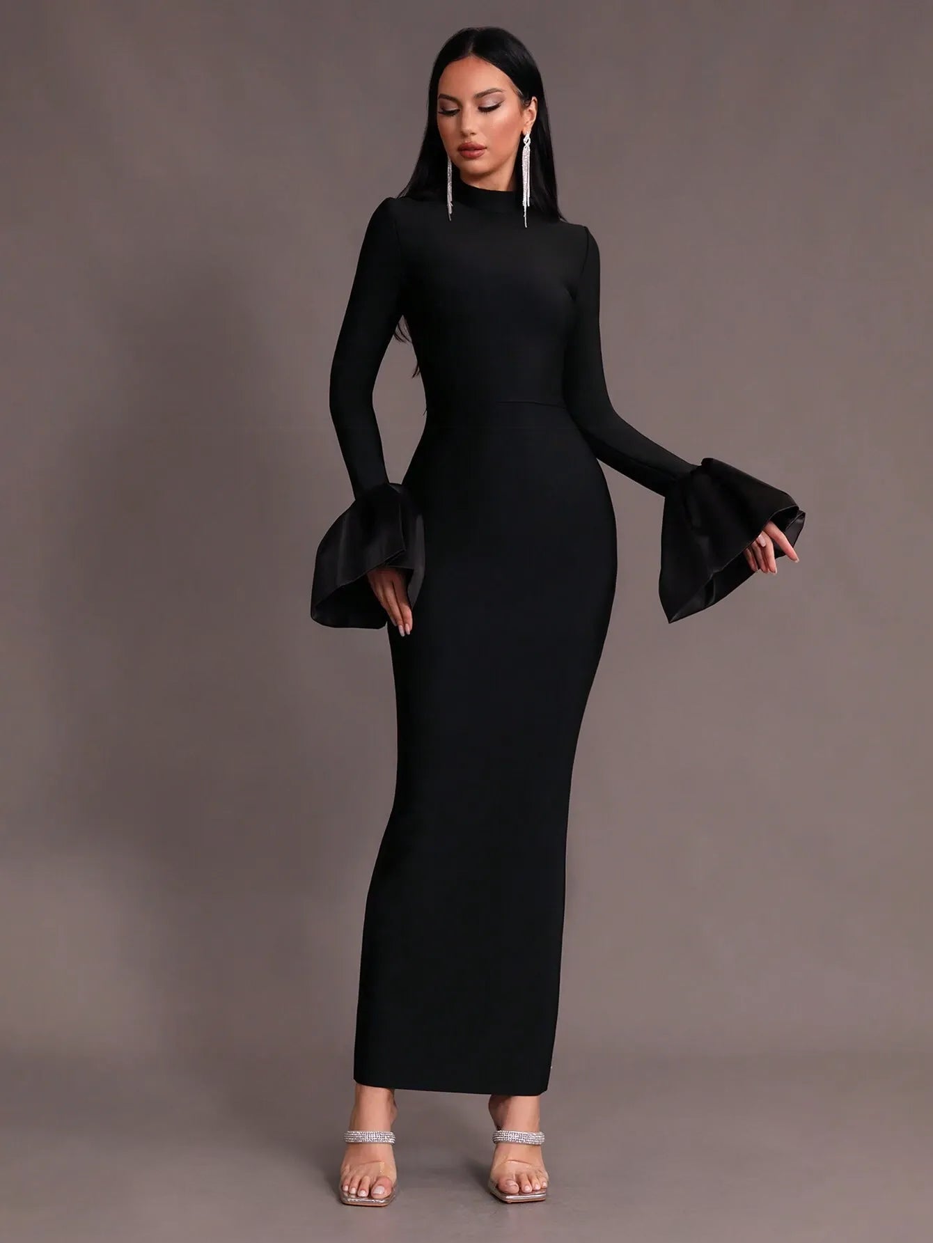 Mock Neck Bodycon Flare Sleeve Dress