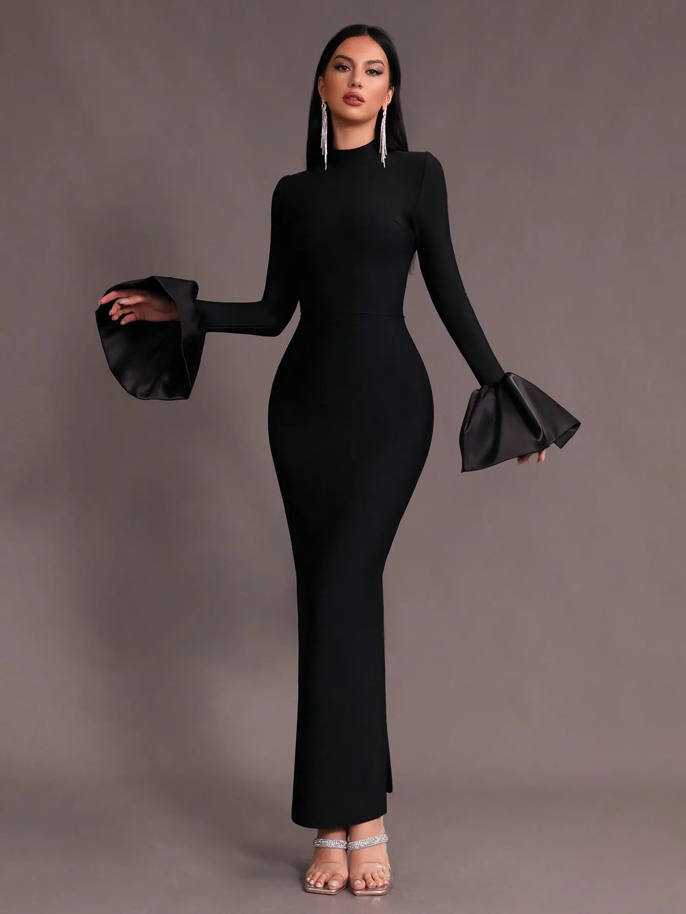 Mock Neck Bodycon Flare Sleeve Dress