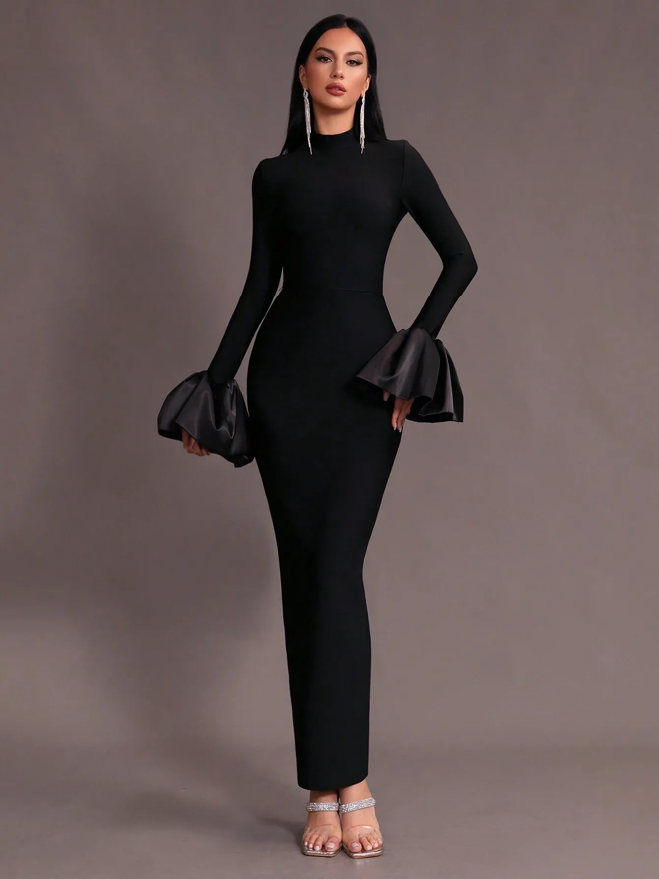 Mock Neck Bodycon Flare Sleeve Dress