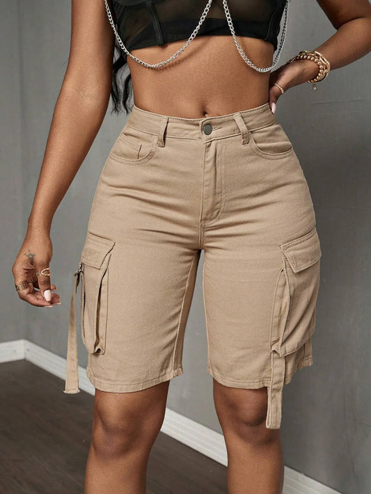 Mid-Waist Cargo Denim Shorts