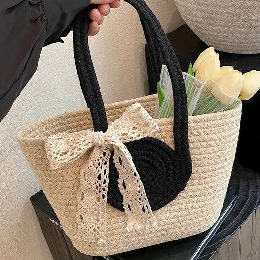 Round Decor Straw Bag Double Handle
