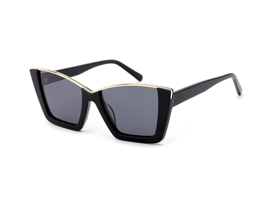 Black sunglasses with gold accents on a white background