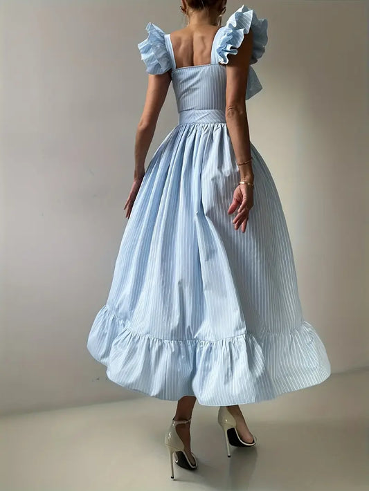 Striped Ruffle Edge Square Neck Dress