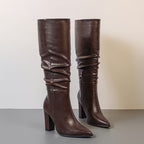 Knee-High Chunky Pointed-Toe Heel Boots