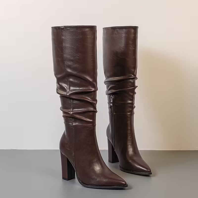 Knee-High Chunky Pointed-Toe Heel Boots