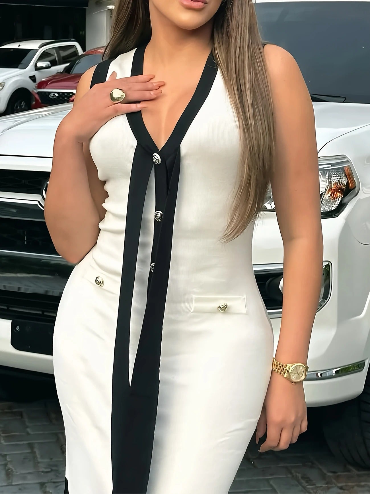 Elegant V-Neck Tie-Front Knit  Dress