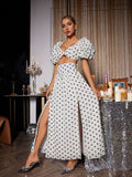 Polka Dot High Waist Slit Top And Pants Two-Piece Set