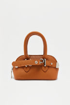 Brown handbag with a strap on a white background