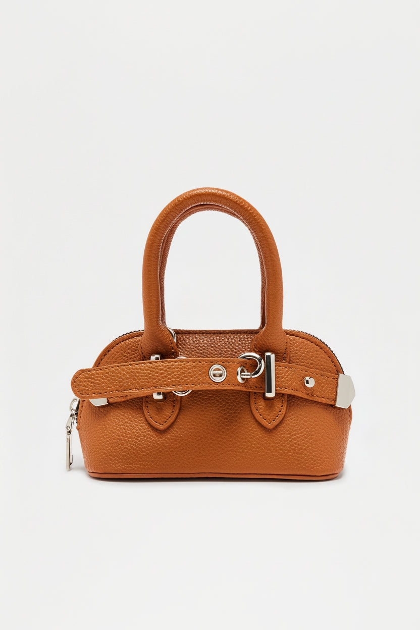 Brown handbag with a strap on a white background