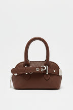 Brown handbag with a strap on a white background