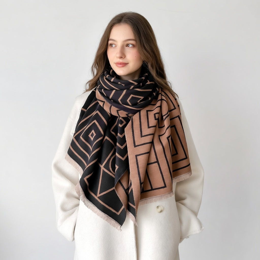 Woman wearing a patterned scarf on a plain background