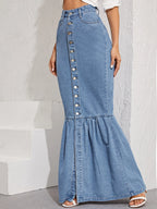 Blue denim skirt with button details on a white background