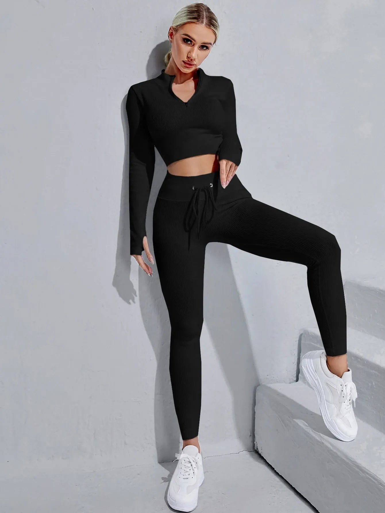 Zipper Half Placket Rib-knit  Sets