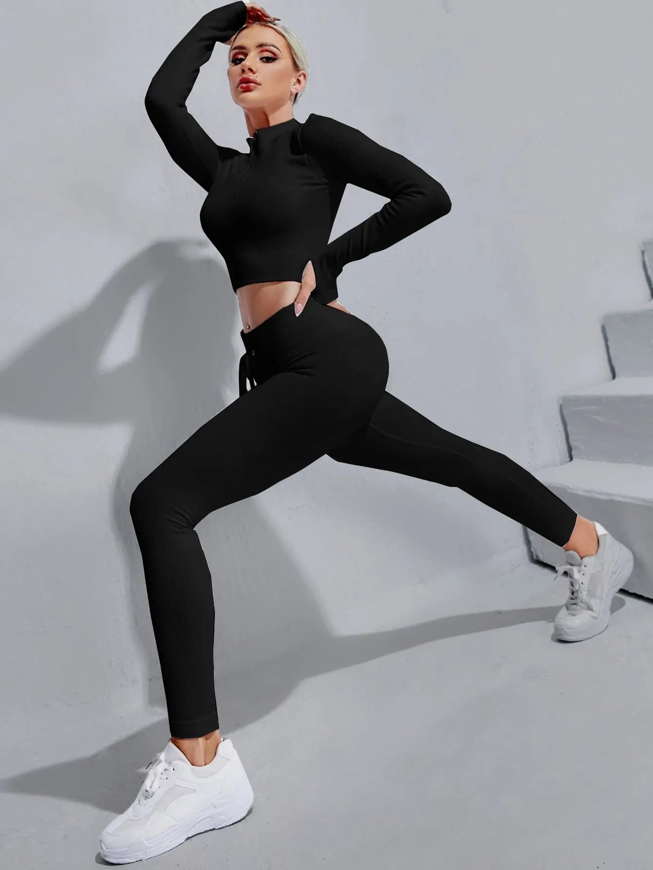 Zipper Half Placket Rib-knit  Sets