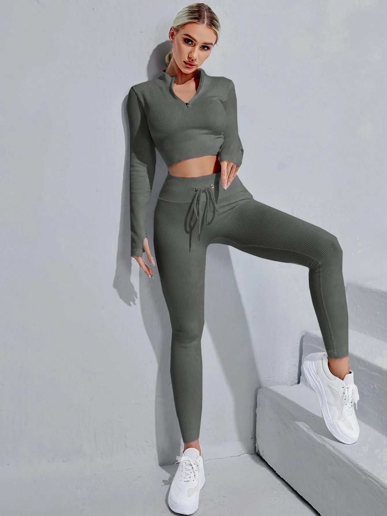 Zipper Half Placket Rib-knit  Set