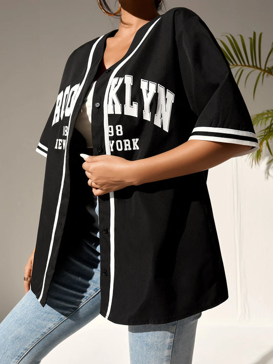 Graphic Striped Trim Baseball Shirt