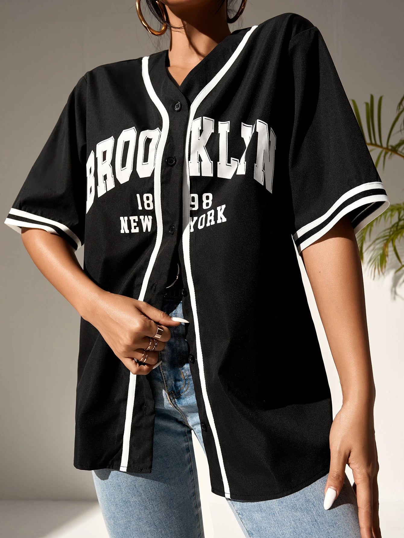 Graphic Striped Trim Baseball Shirt