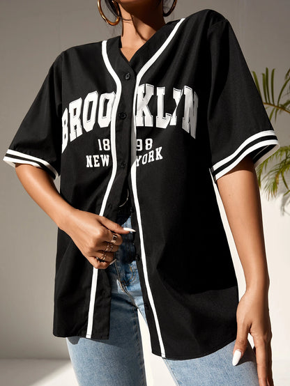 Graphic Striped Trim Baseball Shirt