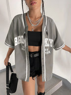 Graphic Striped Trim Baseball Shirt