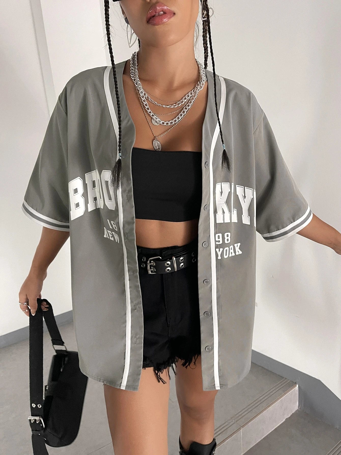 Graphic Striped Trim Baseball Shirt