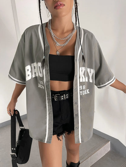 Graphic Striped Trim Baseball Shirt