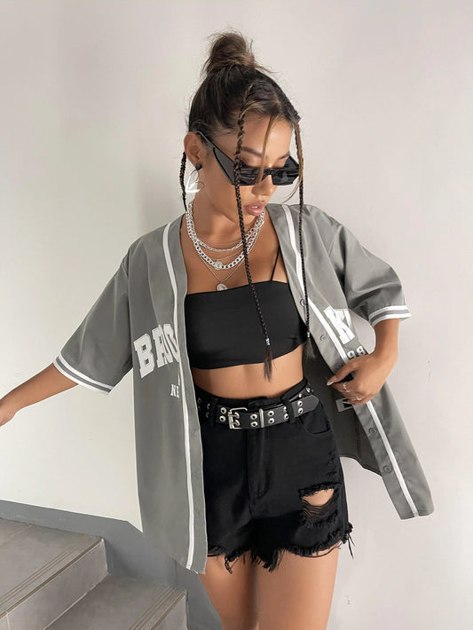 Graphic Striped Trim Baseball Shirt