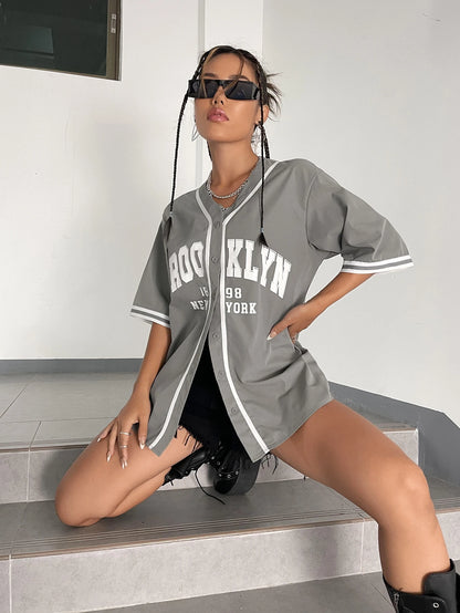 Graphic Striped Trim Baseball Shirt