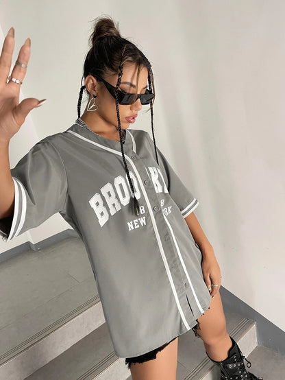 Graphic Striped Trim Baseball Shirt