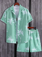 Palm Tree Print Shirt & Drawstring Shorts Set