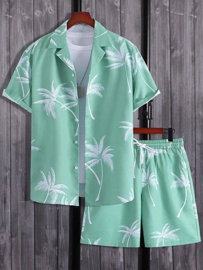 Palm Tree Print Shirt & Drawstring Shorts Set