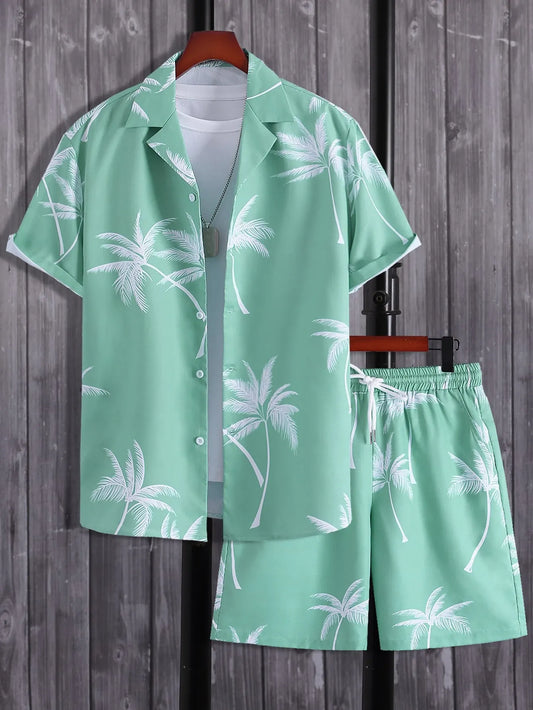 Palm Tree Print Shirt & Drawstring Shorts Set