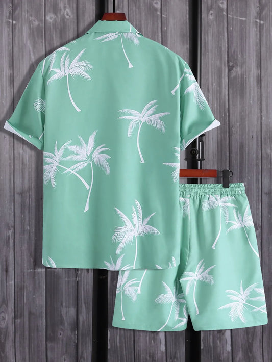 Palm Tree Print Shirt & Drawstring Shorts Set