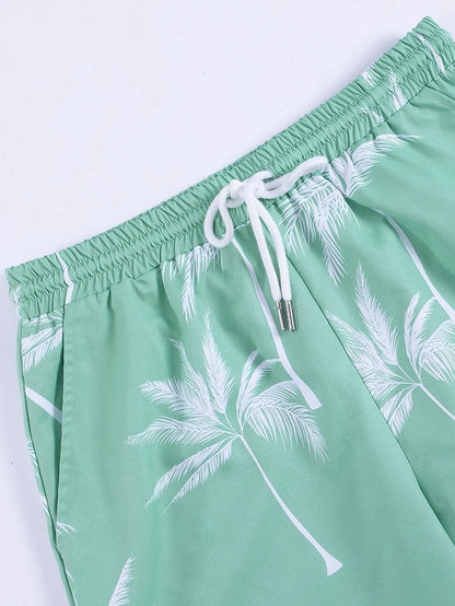 Palm Tree Print Shirt & Drawstring Shorts Set