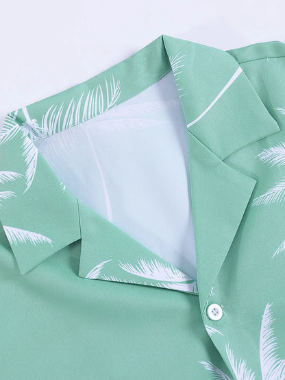 Palm Tree Print Shirt & Drawstring Shorts Set
