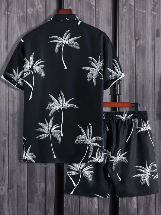 Palm Tree Print Shirt & Drawstring Shorts Sets