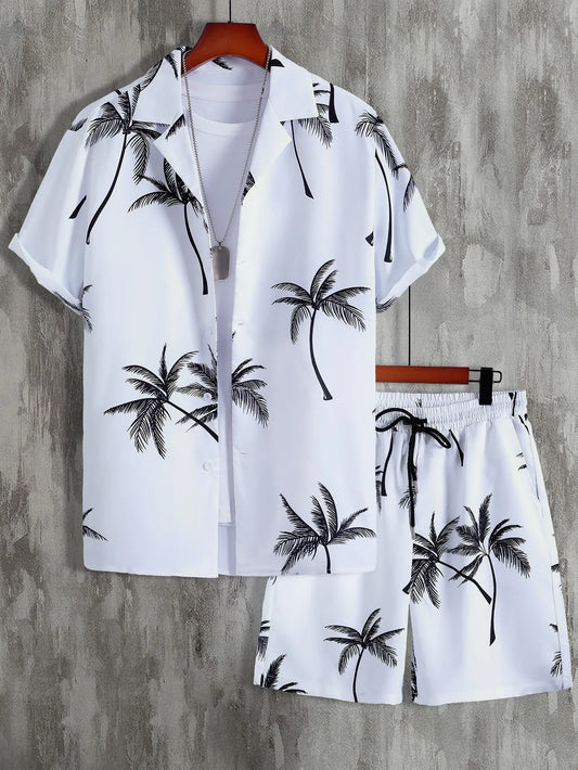 Palm Tree Print Shirt  & Drawstring Shorts Sets